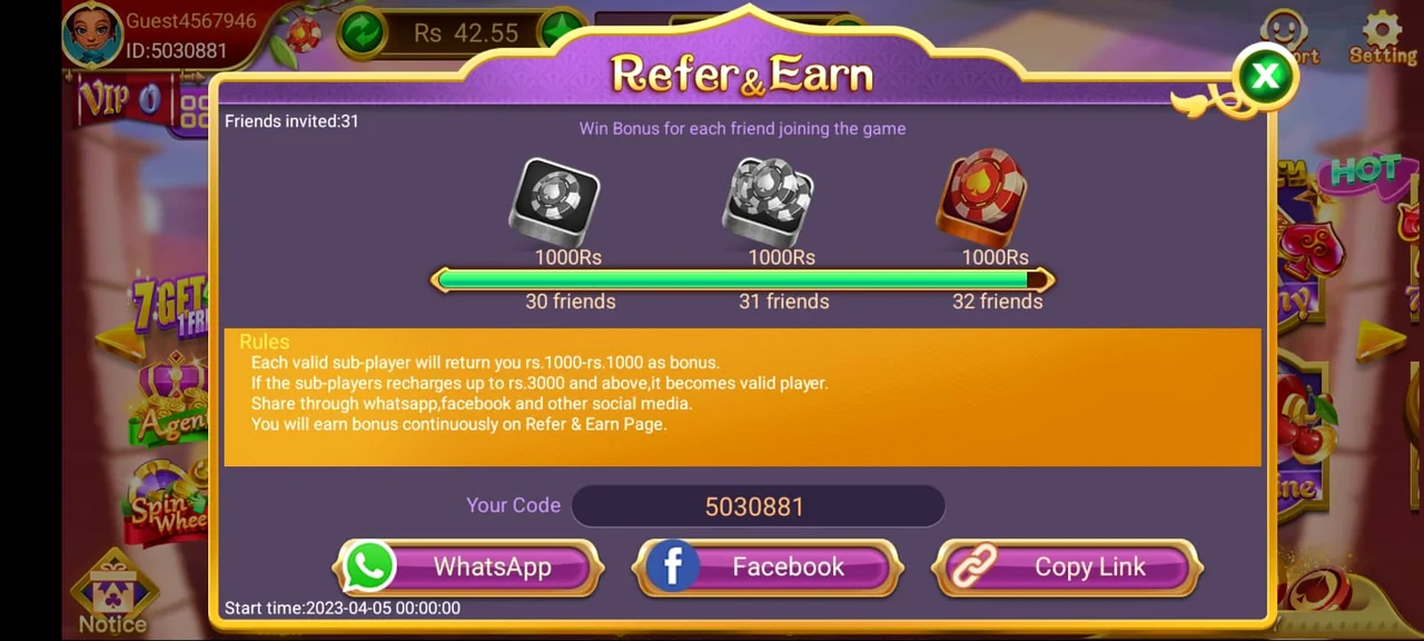 3 Patti Loot Refer & Earn rules — win bonus for each friend joining teen patti loot game